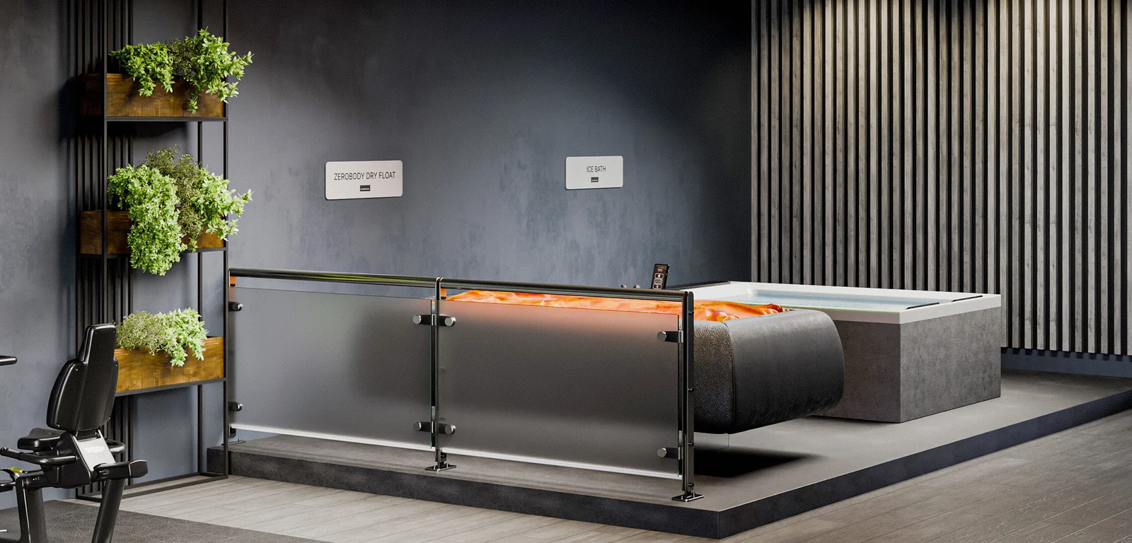Starpool Zerobody Dry Float platform in a spa room beside an ice bath