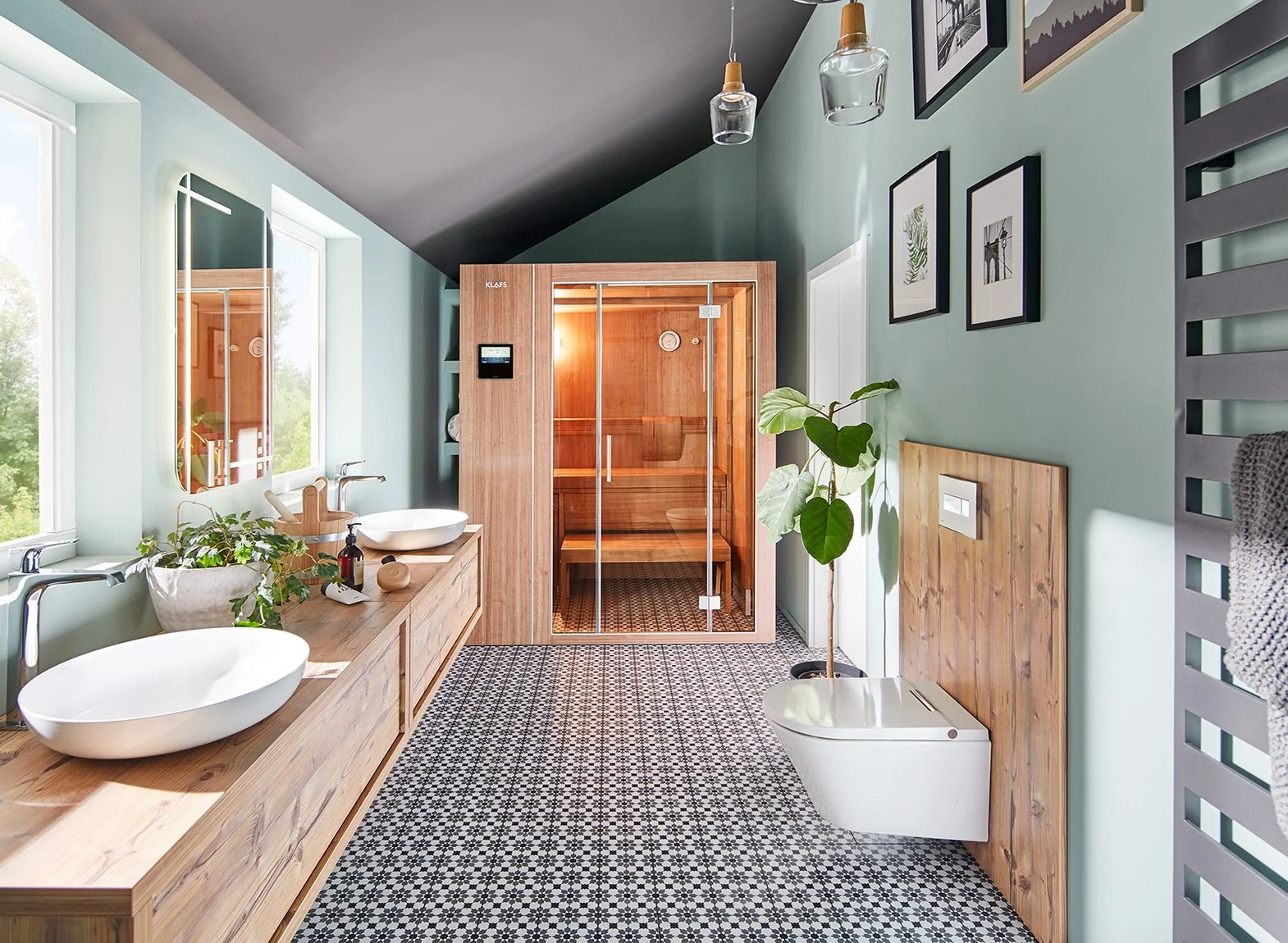 KLAFS S1 sauna installed at the end of a bathroom with timber vanity and tiled floor