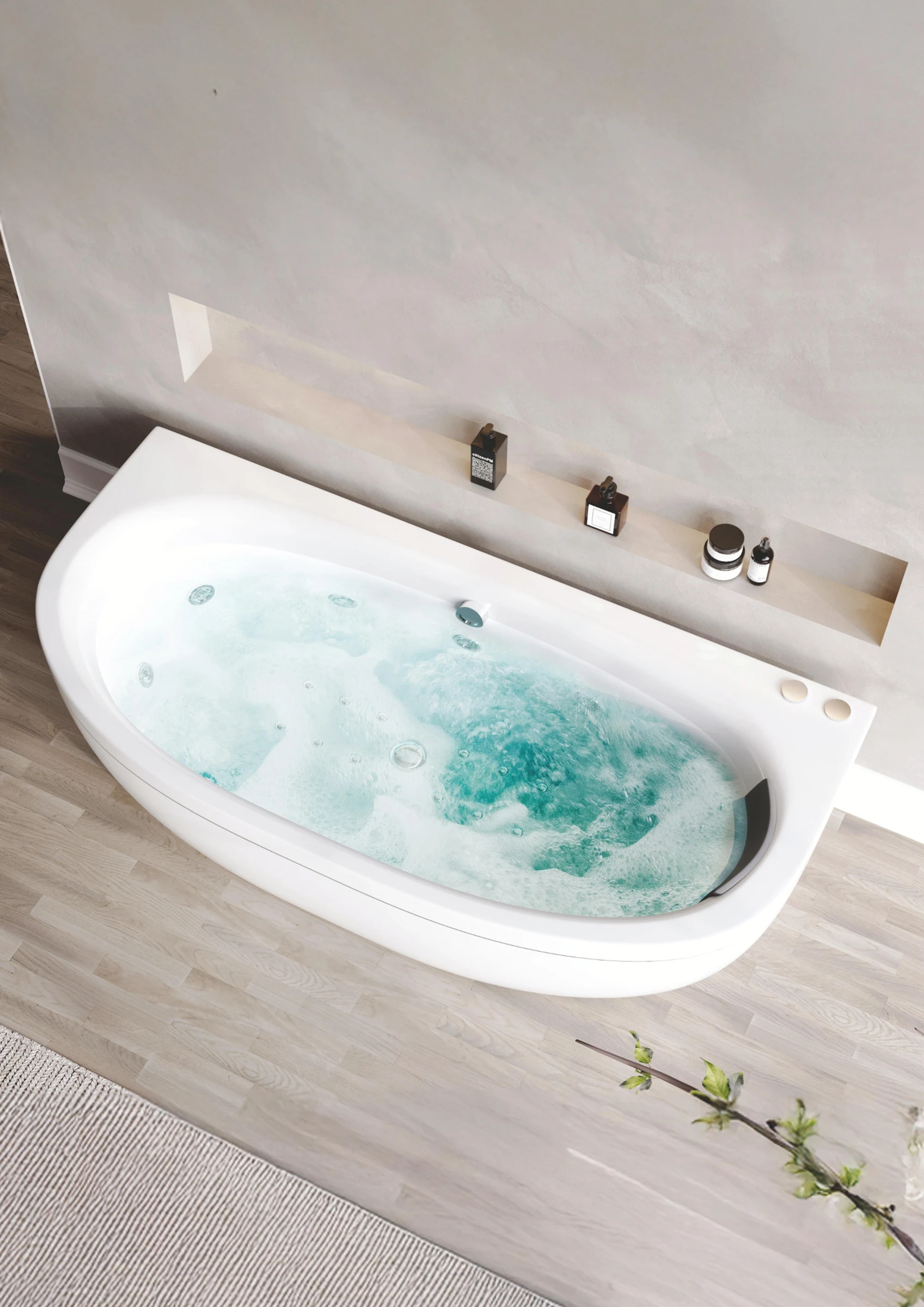 Whirlpool bath in a pale stone and timber interior from the Jaquar collection
