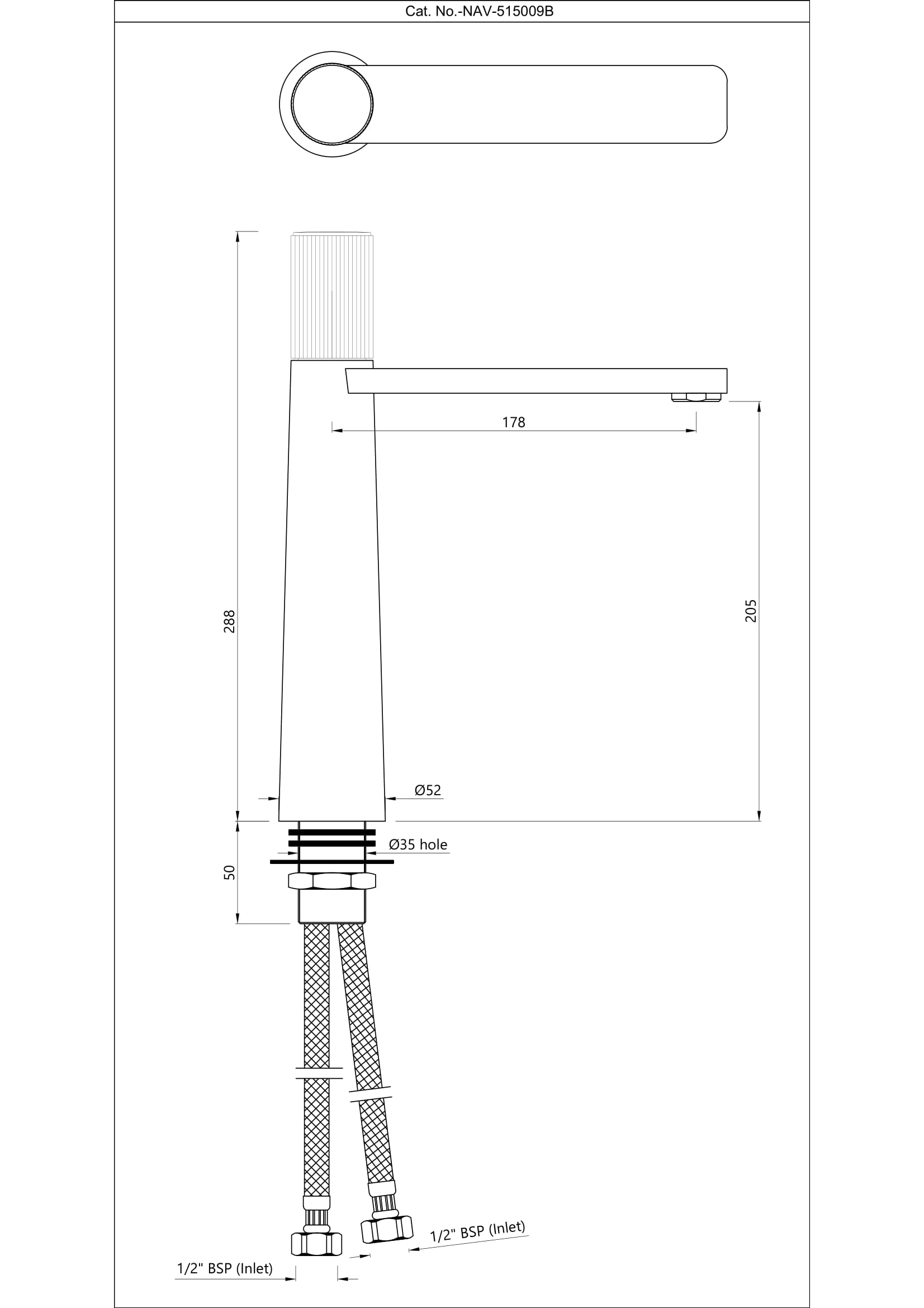 Navia High Neck Basin Mixer: manufacturer drawing showing overall height and spout reach
