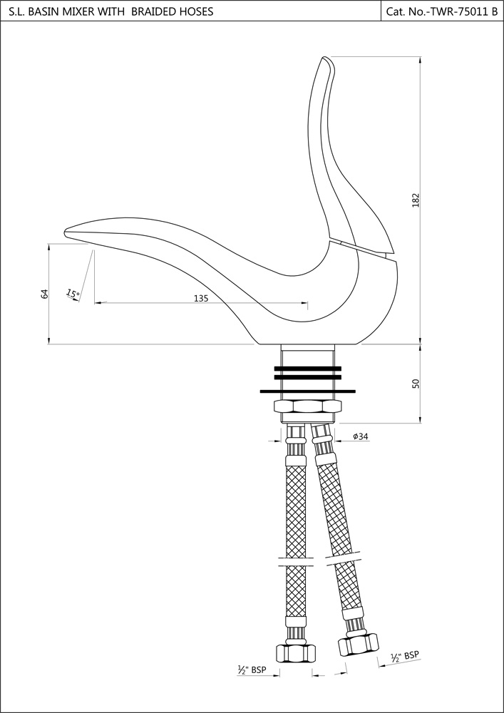 Tailwater Basin Mixer Tap: manufacturer drawing showing overall height and spout reach